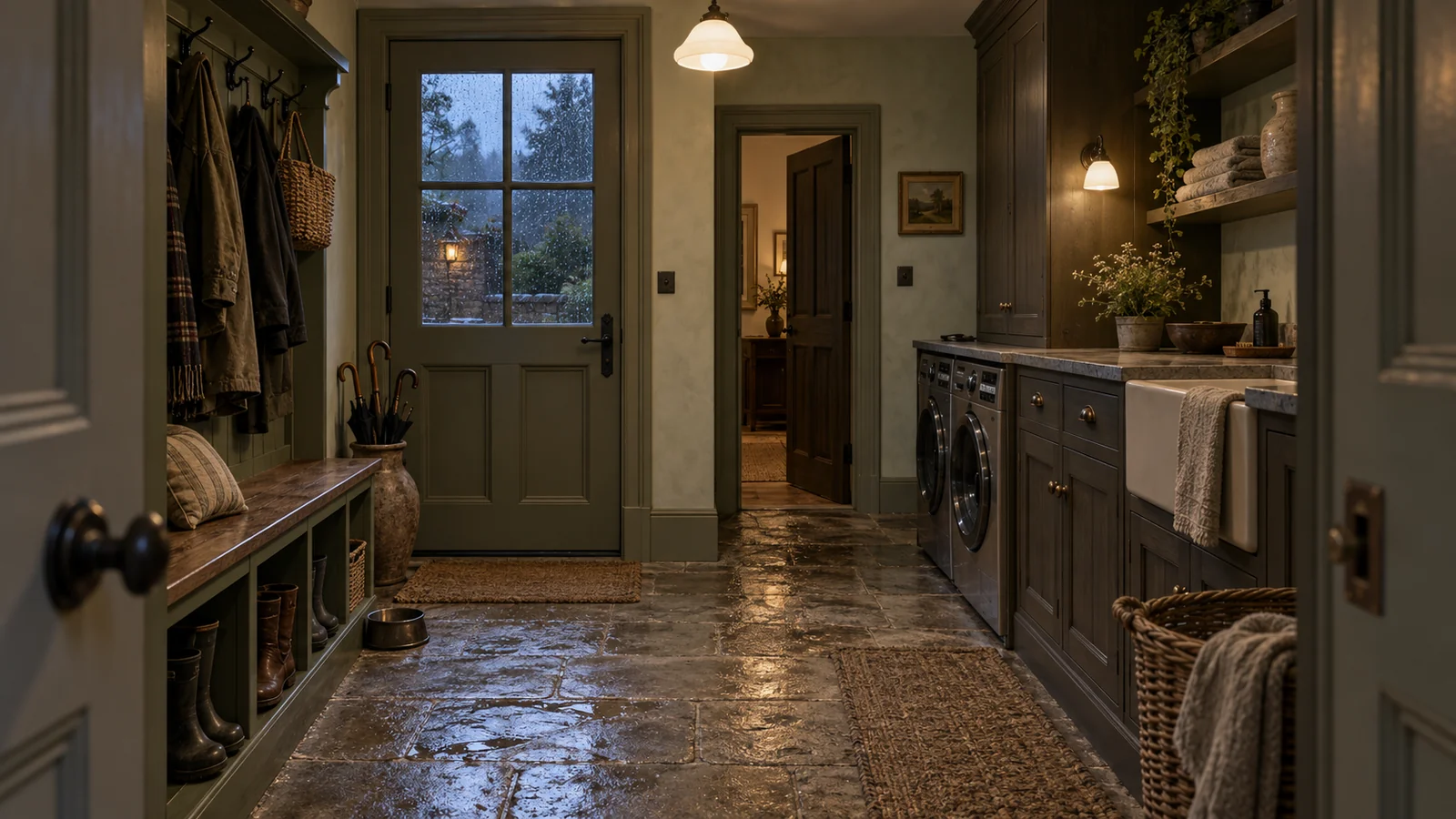 Wide English country mudroom laundry room with olive cabinets and a clear stone route at rainy dusk