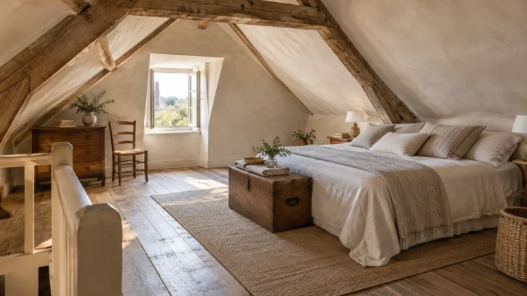 Wide French country attic bedroom with oak beams, a dormer window and a clear route from the stairs