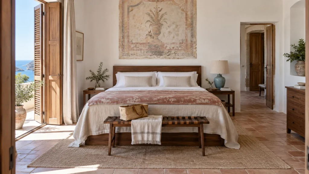 Wide Italian guest bedroom with a linen bed walnut furniture and pale terracotta floor