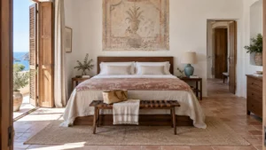 Wide Italian guest bedroom with a linen bed walnut furniture and pale terracotta floor