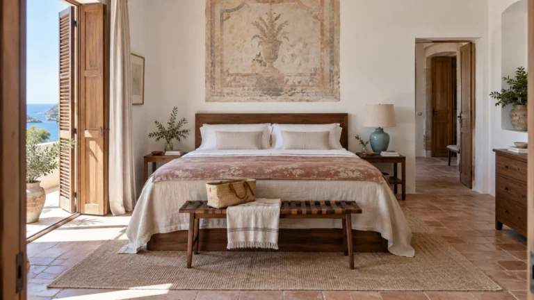 Wide Italian guest bedroom with a linen bed walnut furniture and pale terracotta floor
