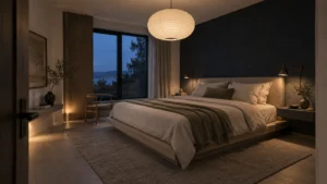 Wide Japandi bedroom with layered warm lighting against blackened indigo at blue hour