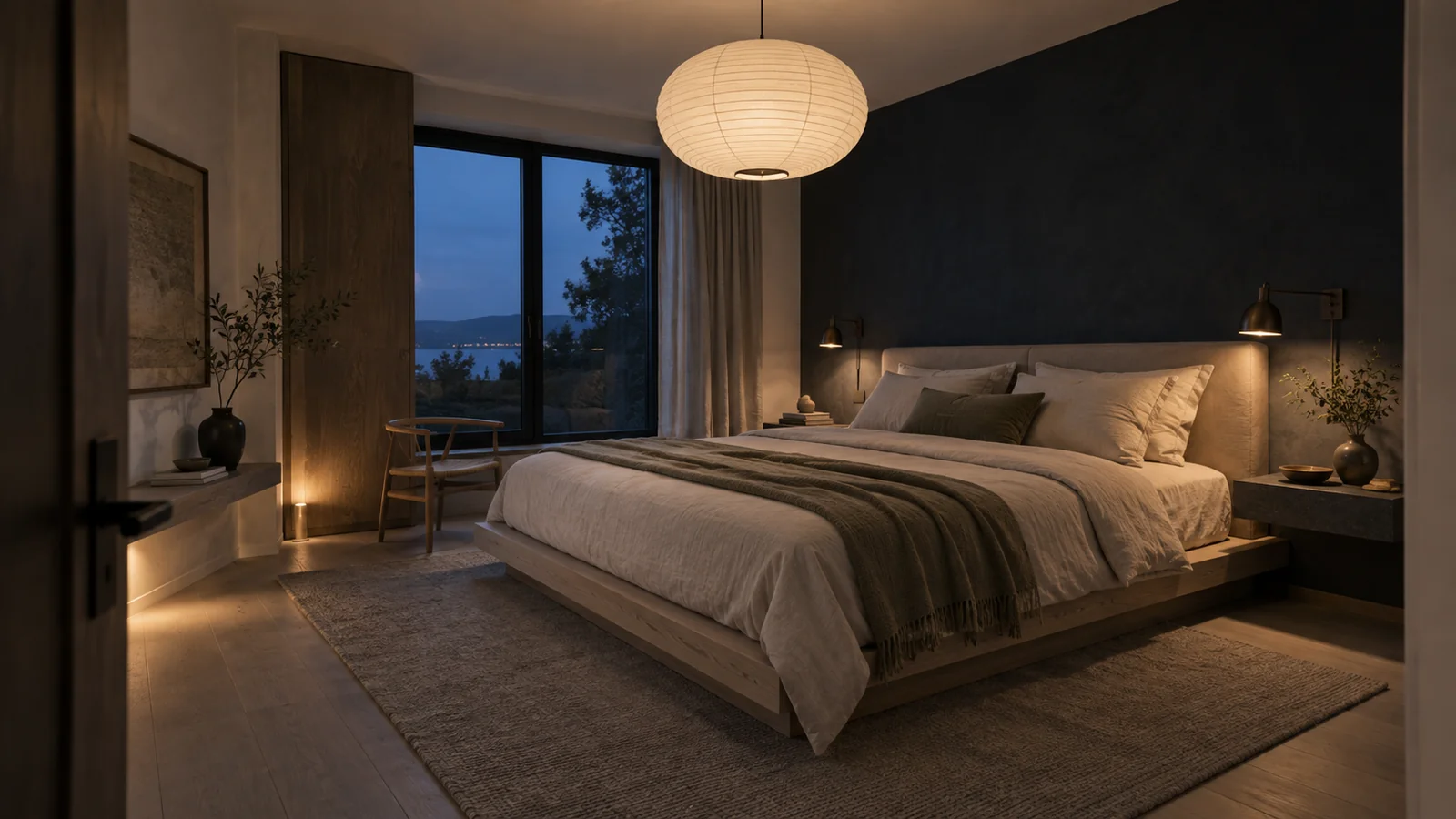 Wide Japandi bedroom with layered warm lighting against blackened indigo at blue hour