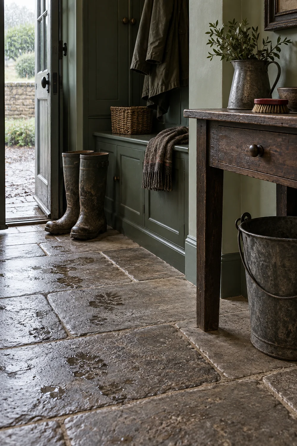 Worn limestone olive joinery celadon limewash and aged pewter mudroom materials