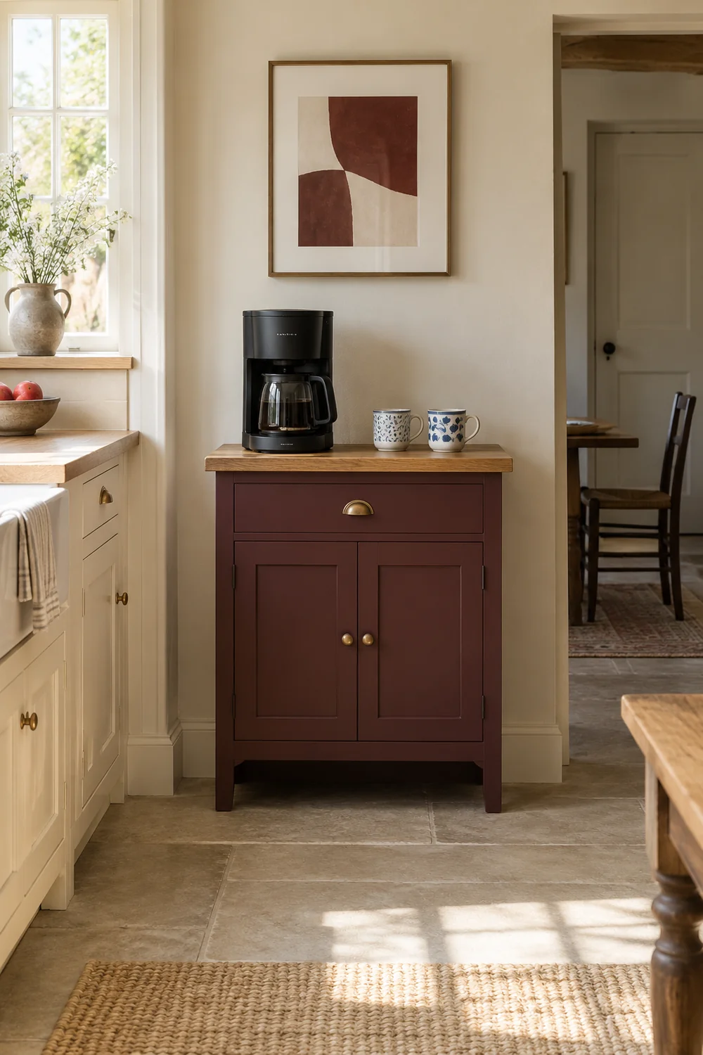 Abstract burgundy print above a compact coffee cabinet with two patterned mugs