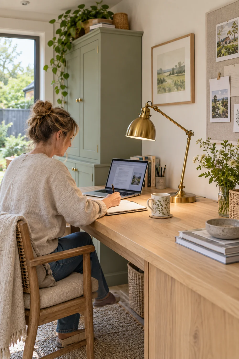 Adjustable brass lamp lighting a notebook beside a laptop