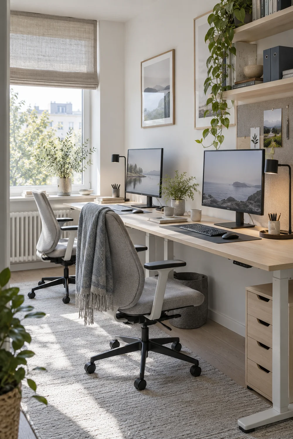 Adjustable linen blind softening daylight beside two office screens
