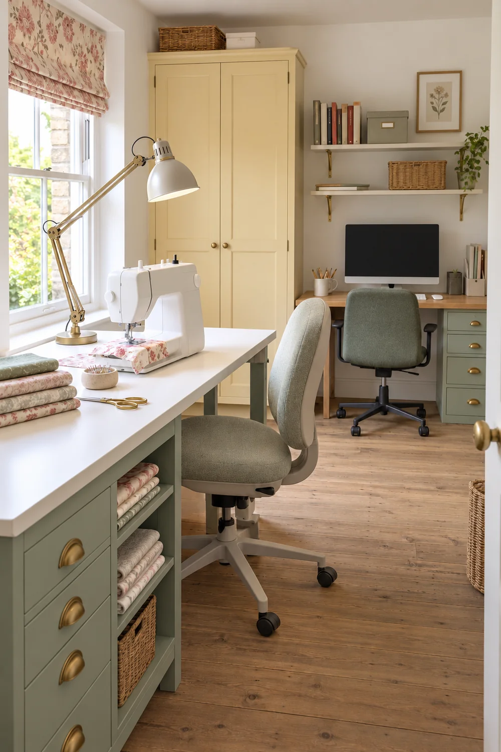 Adjustable task lamp beside a sewing machine with a computer desk beyond