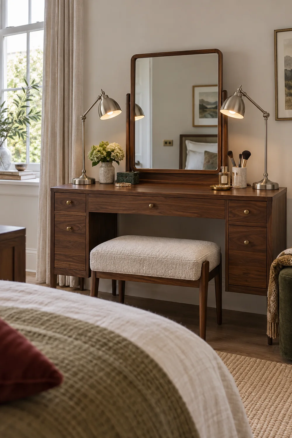 Adjustable task lamps beside mirror without glare in bedroom