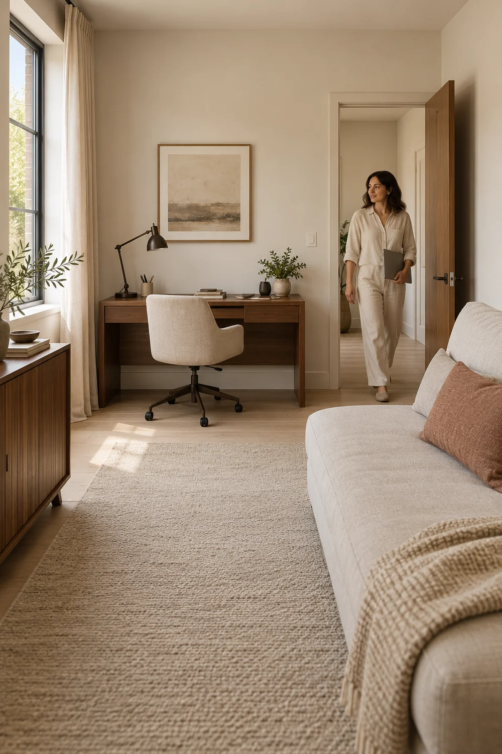 Adult carrying a closed laptop beside a walnut desk and oatmeal guest sofa