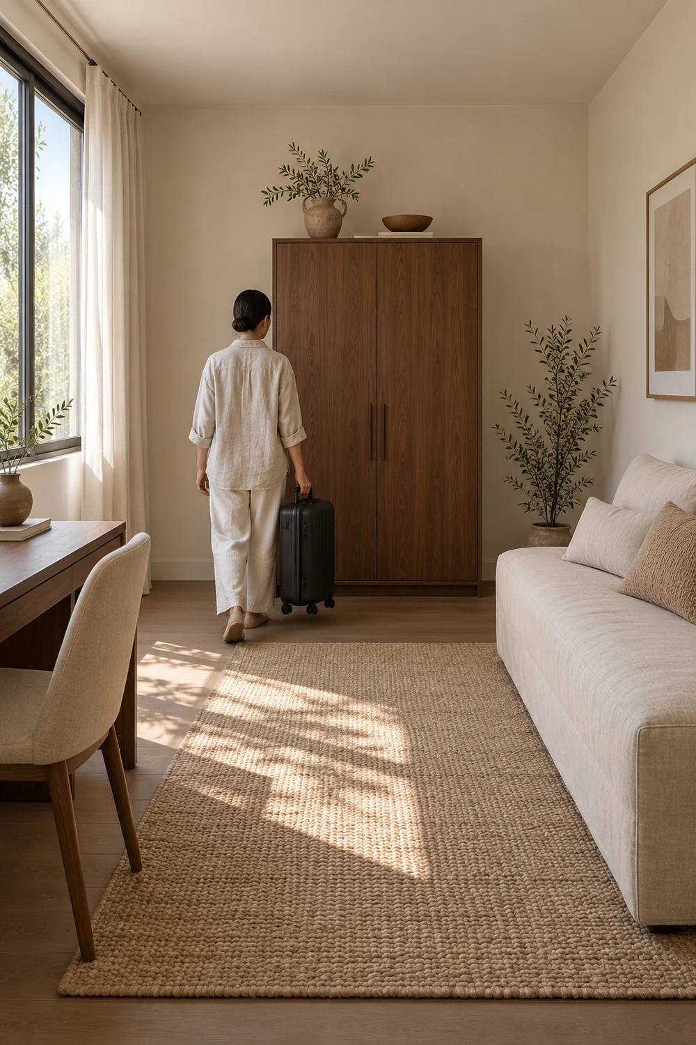 Adult carrying a compact suitcase toward a closed walnut cabinet beside a guest sofa