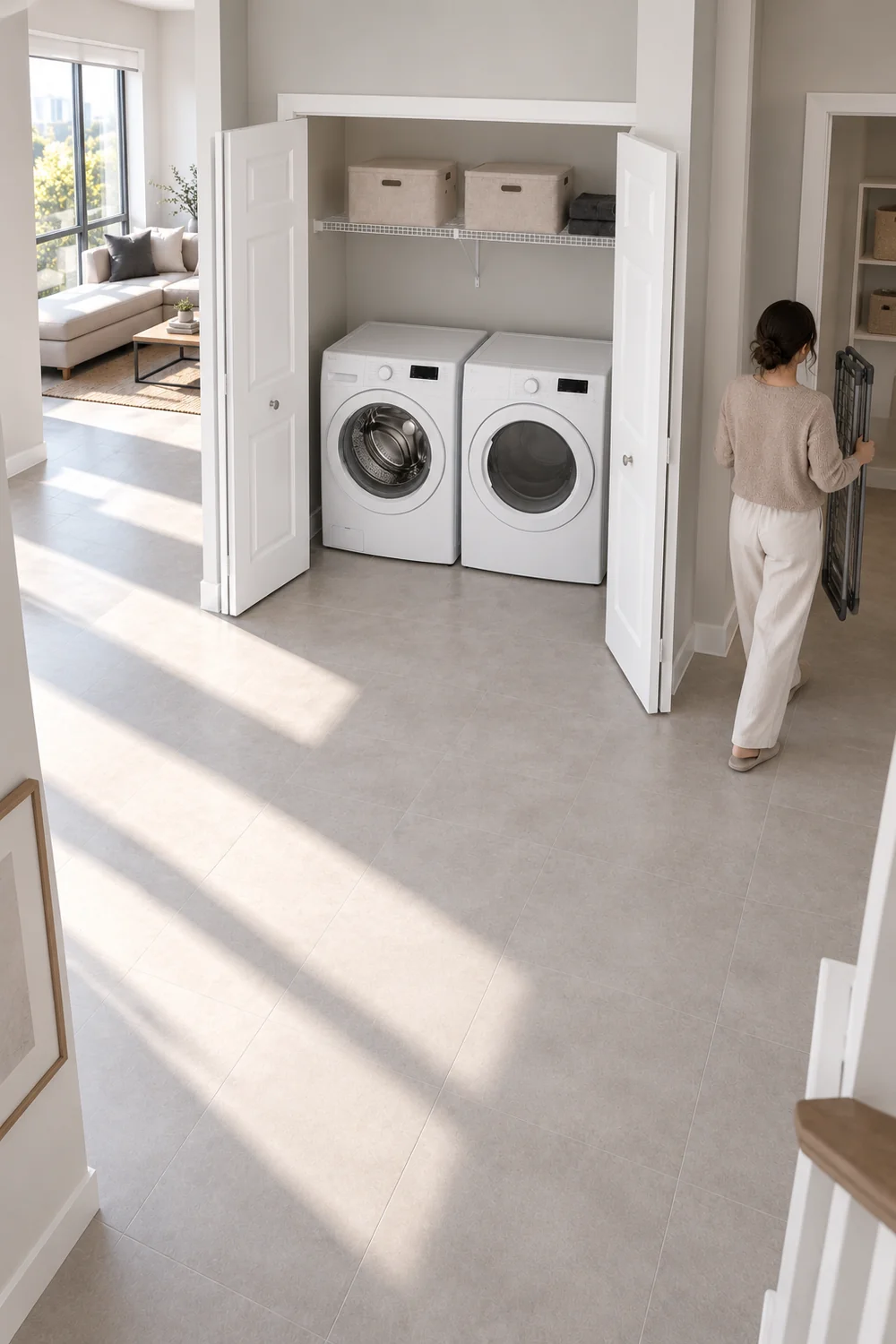 Adult carrying a folded drying rack toward a separate storage nook beside the laundry closet