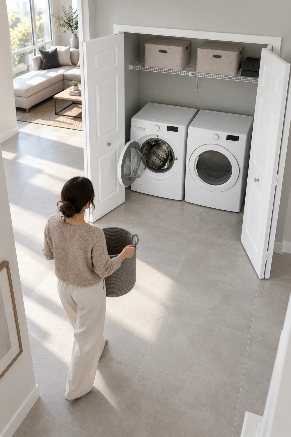 Adult carrying a grey laundry basket toward an open washer in a bright apartment