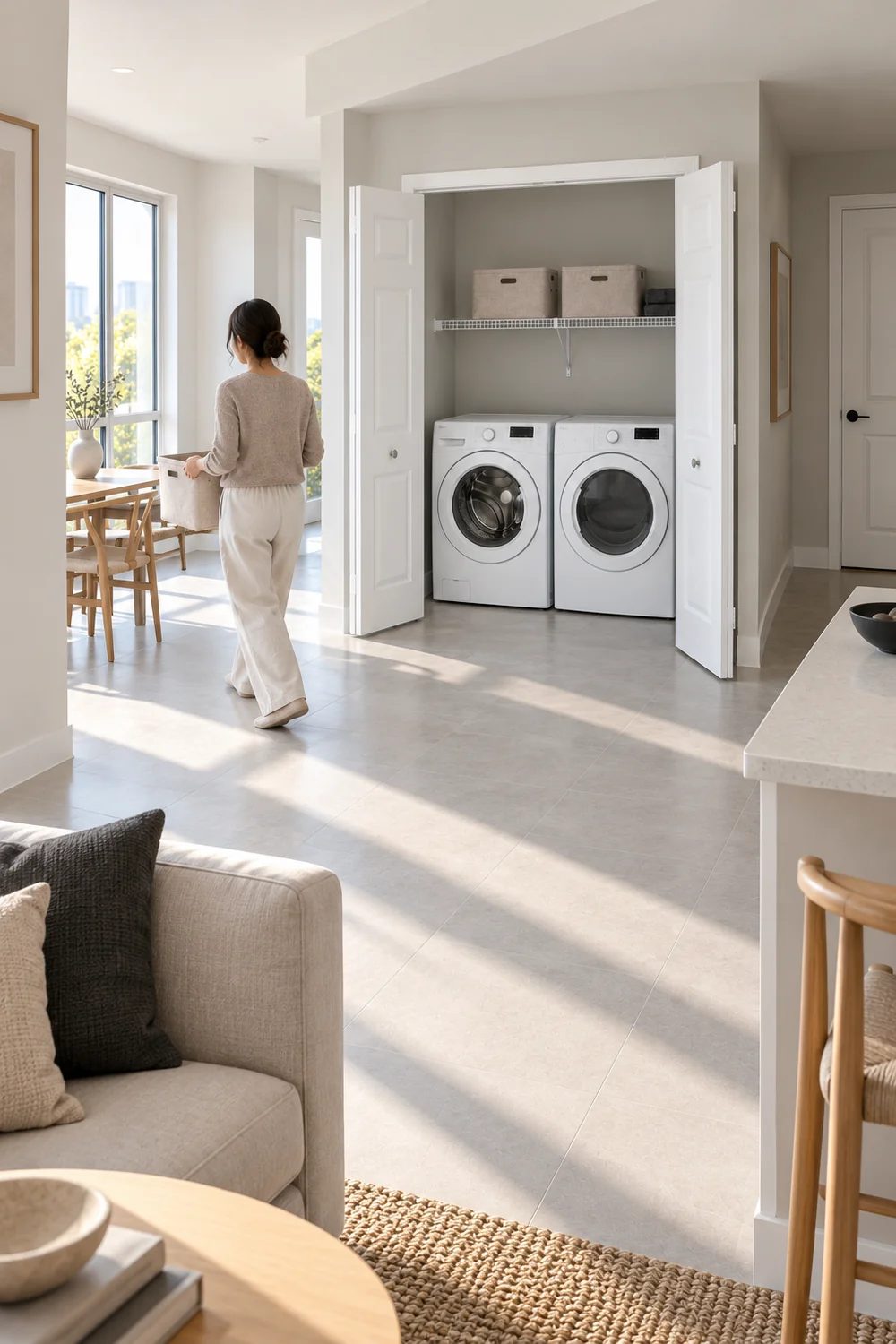 Adult carrying an empty fabric bin through a bright apartment beside the laundry closet