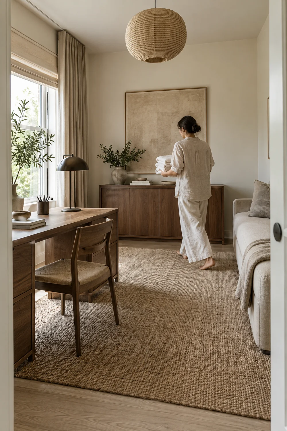 Adult carrying folded cream linen toward a walnut cabinet beside the guest office desk