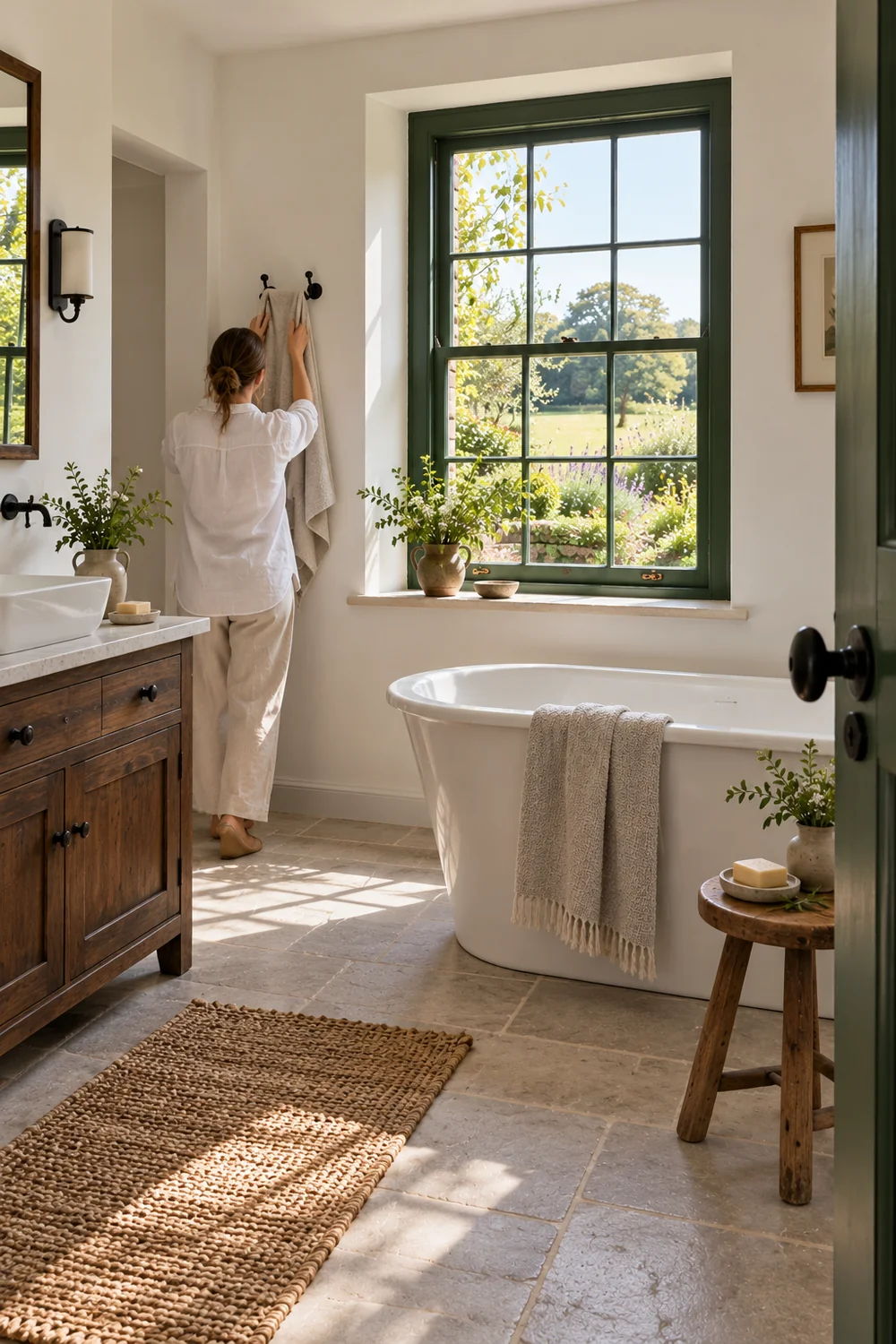 Adult hanging a towel beside a cottage bathroom basin and bath