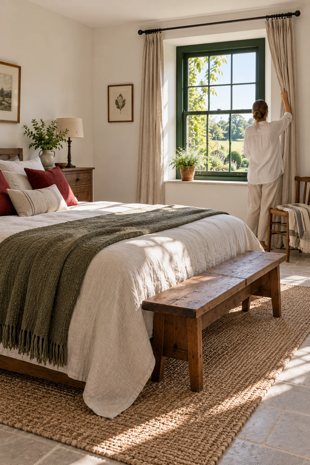 Adult opening a linen curtain beside a cottage bedroom window