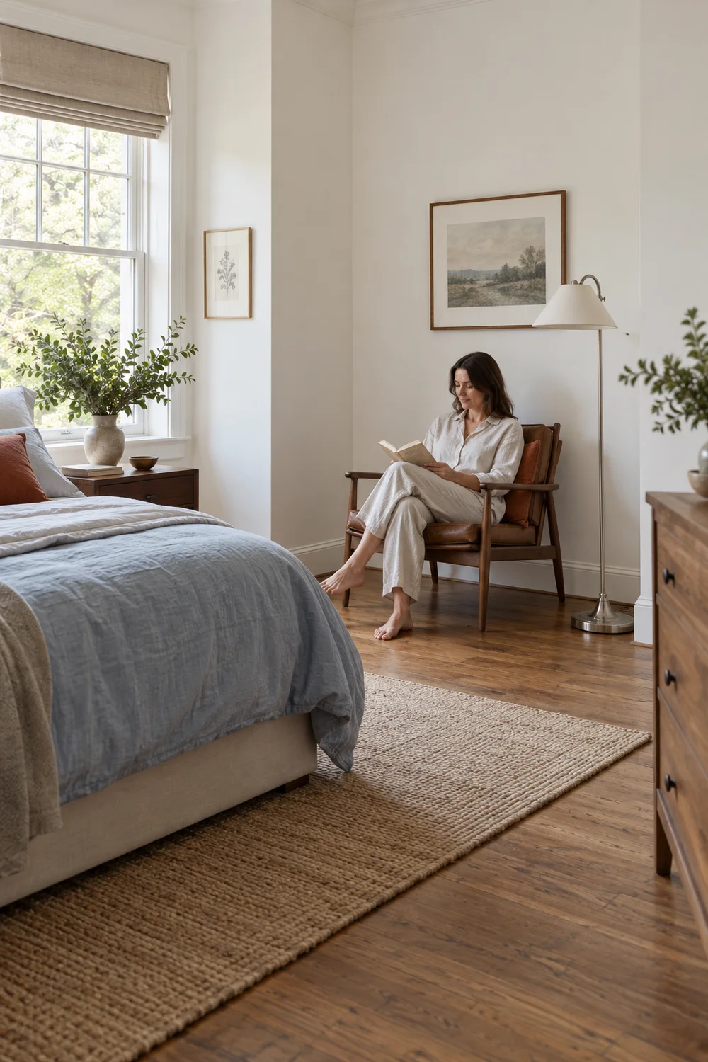 Adult reading in a walnut chair with feet extending toward the bedroom bed