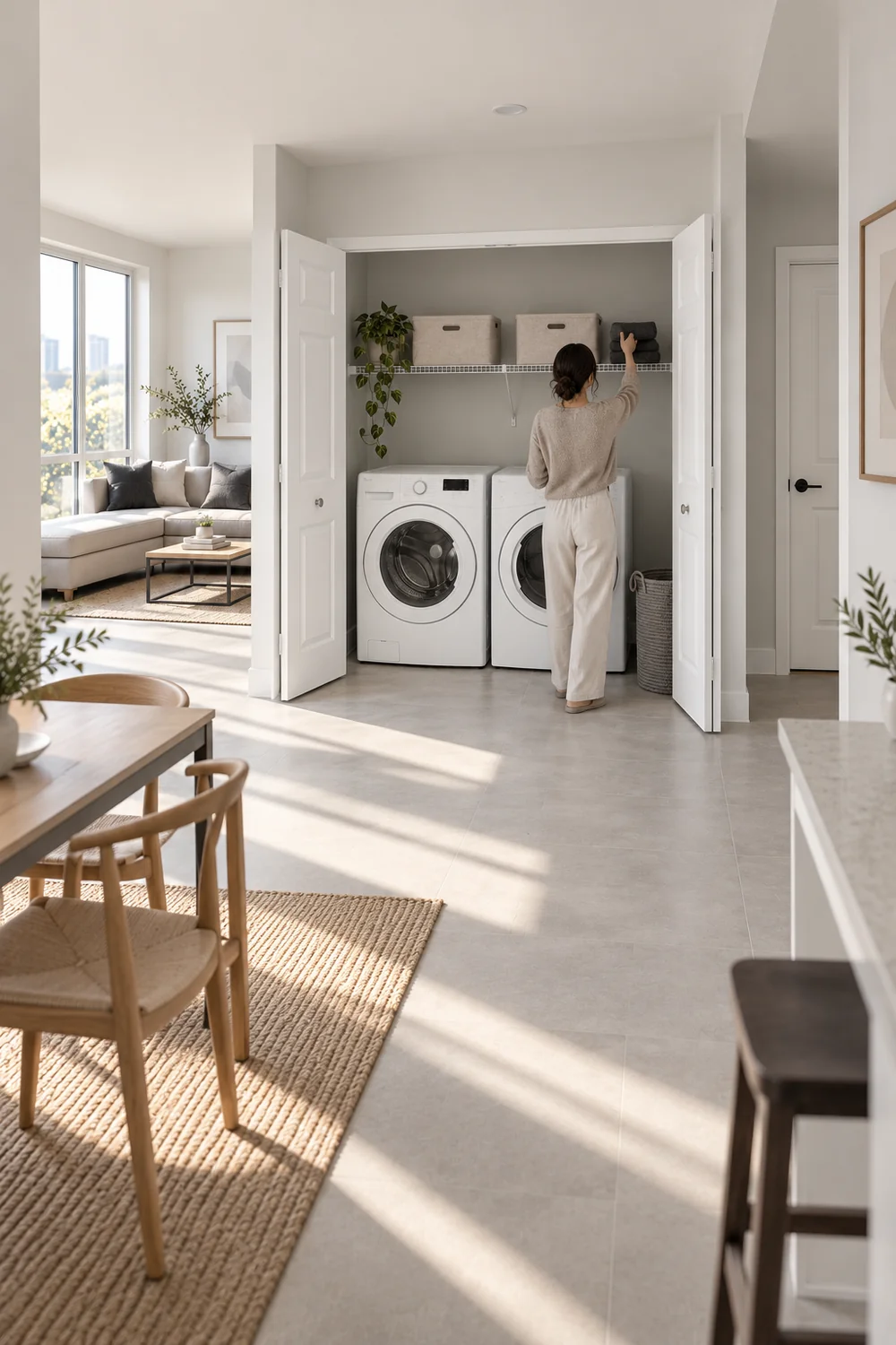 Adult returning a dark cloth to the shelf in a laundry closet viewed across the apartment