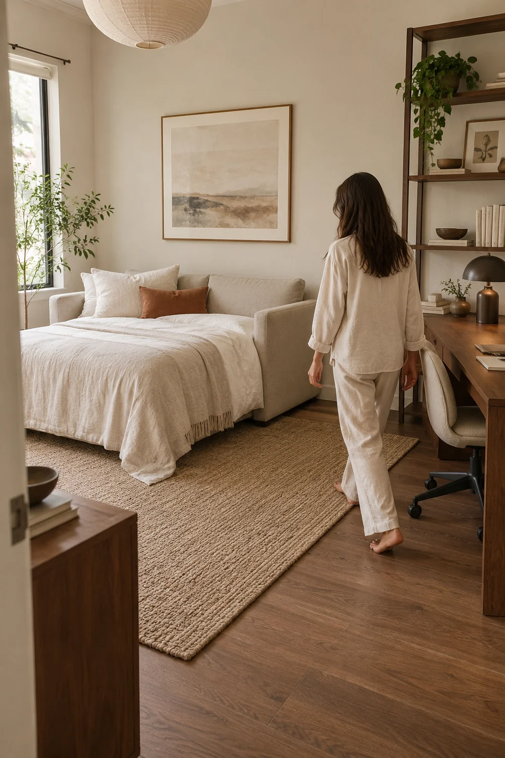 Adult walking through a guest office with cream bedding on the opened sleeping surface