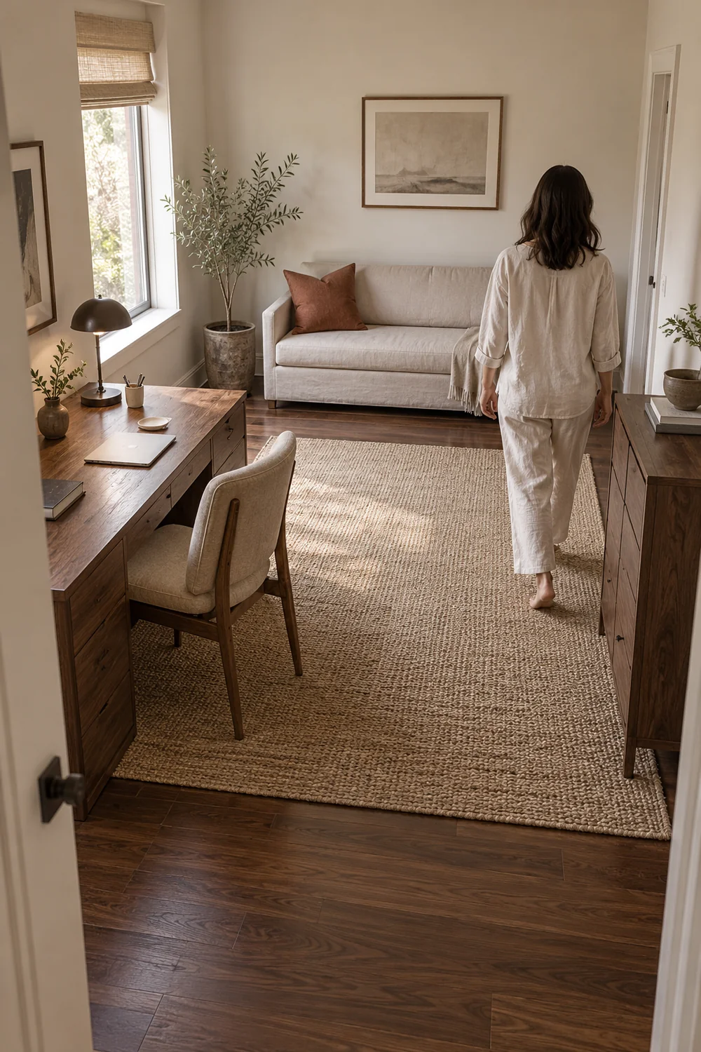 Adult walking through a restored guest office with desk chair and closed oatmeal sofa