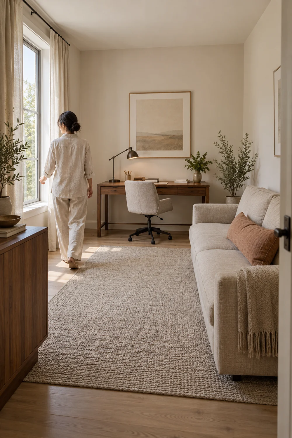Adult walking toward the window beside a walnut desk and oatmeal guest sofa