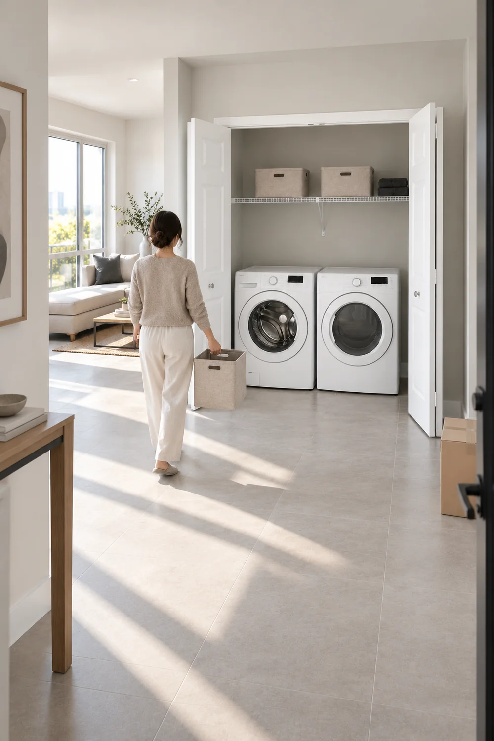 Adult with an empty fabric bin beside the retained laundry closet and a packing carton