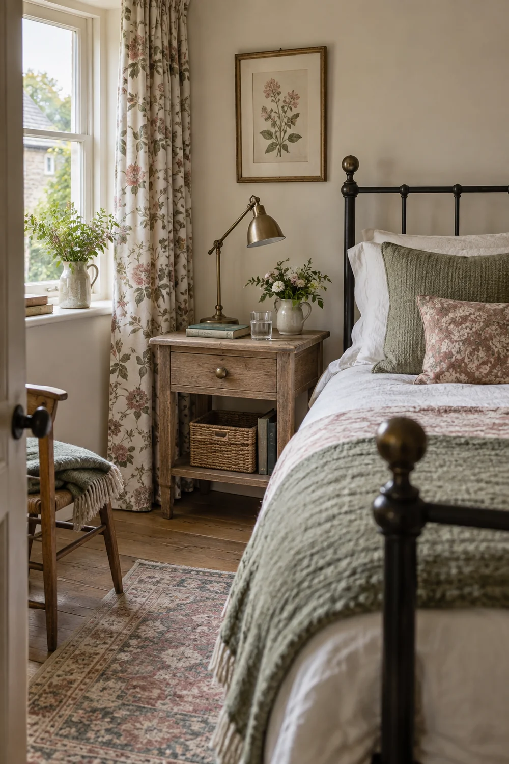 Aged oak bedside with a lamp and small vase beside an iron guest bed
