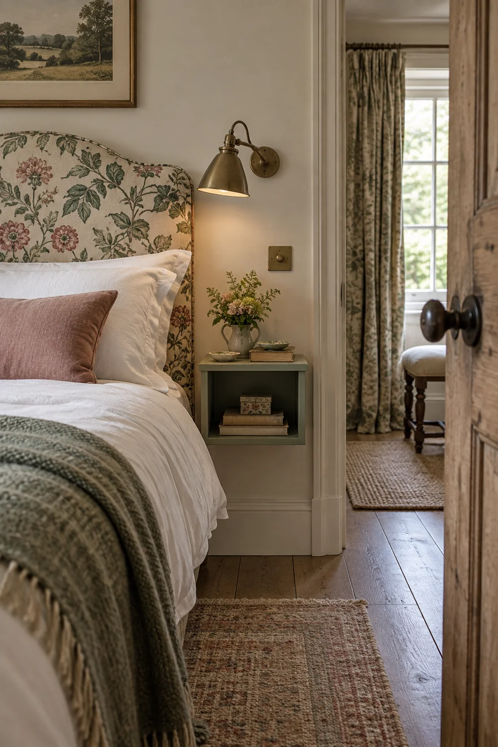 Antique brass reading light above a compact sage bedside shelf in a guest bedroom