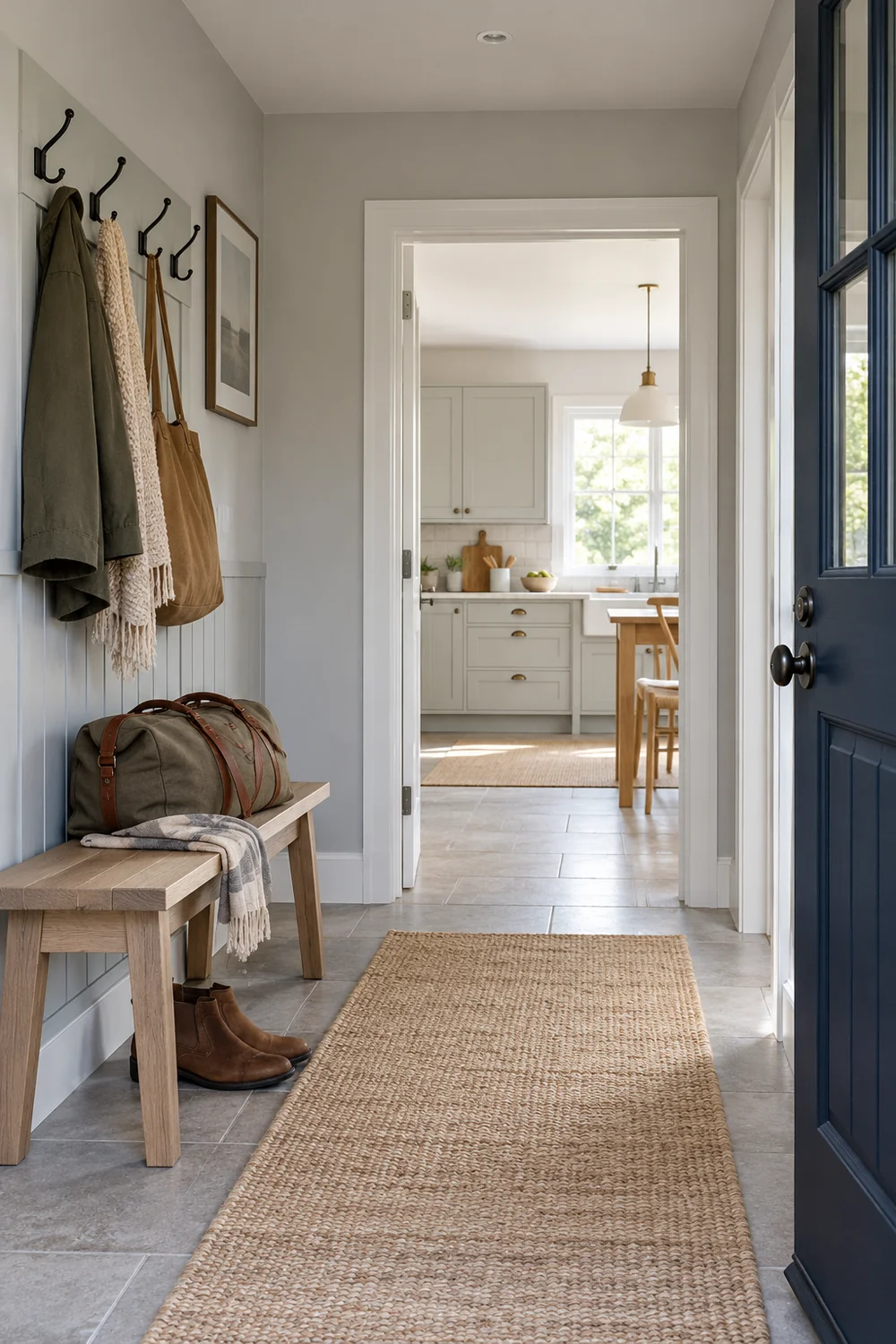 Arrival hall with a luggage bench and a doorway toward a kitchen