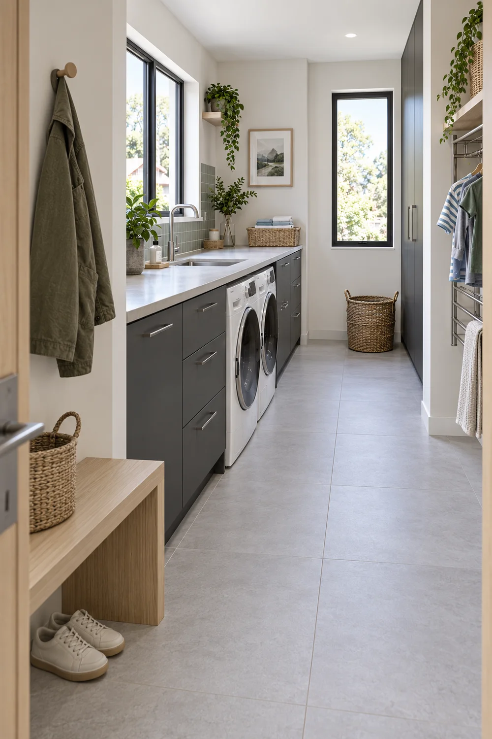 Ash entrance bench and coat hook beside a Japandi laundry area