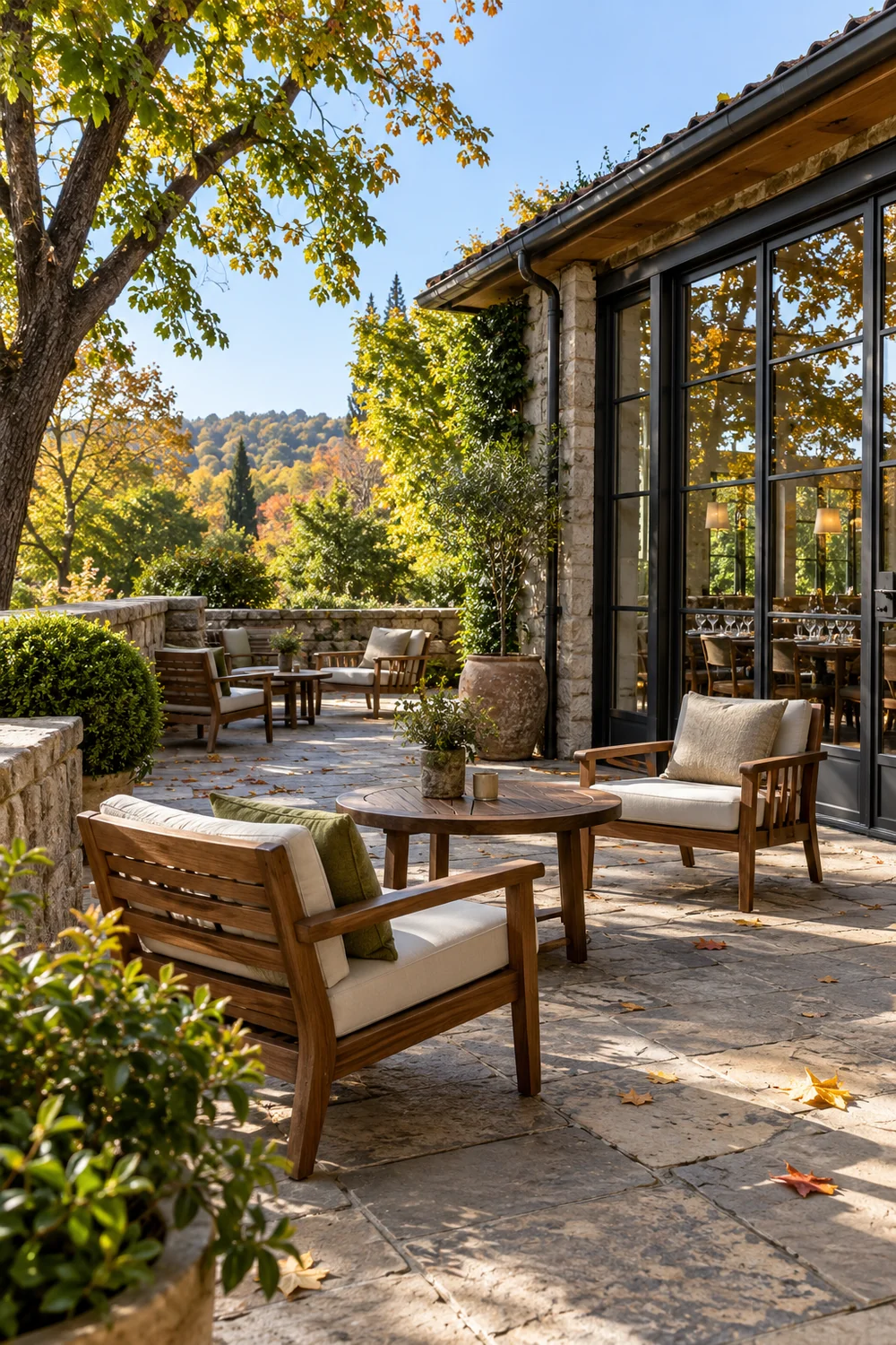 Autumn terrace seating outside closed hotel restaurant glazing