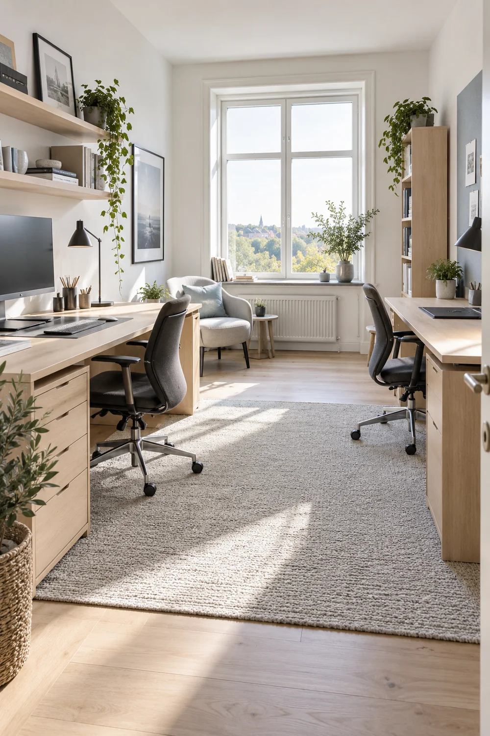 Balanced two station Scandinavian office seen across a clear floor
