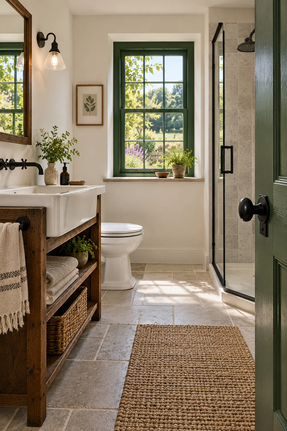 Bathroom basin shower and toilet with clear floor space between them
