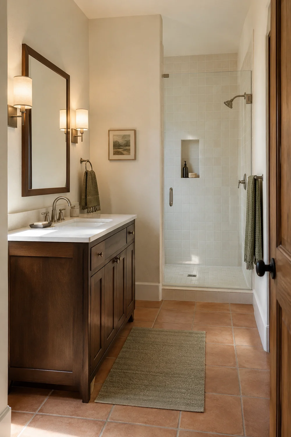Bathroom with timber framed mirror lit sconces glass shower and green mat