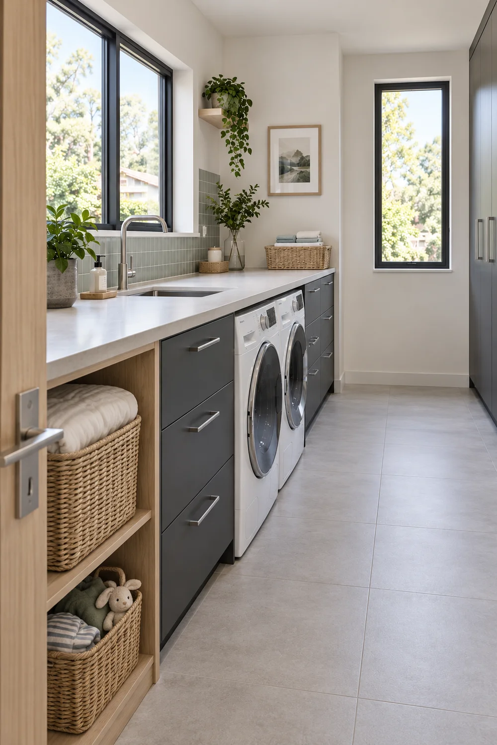 Bedding and small garments in separate baskets beside two laundry machines