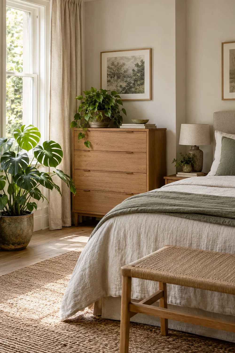 Bedroom plant grouping beside a bright window with curtains drawn aside