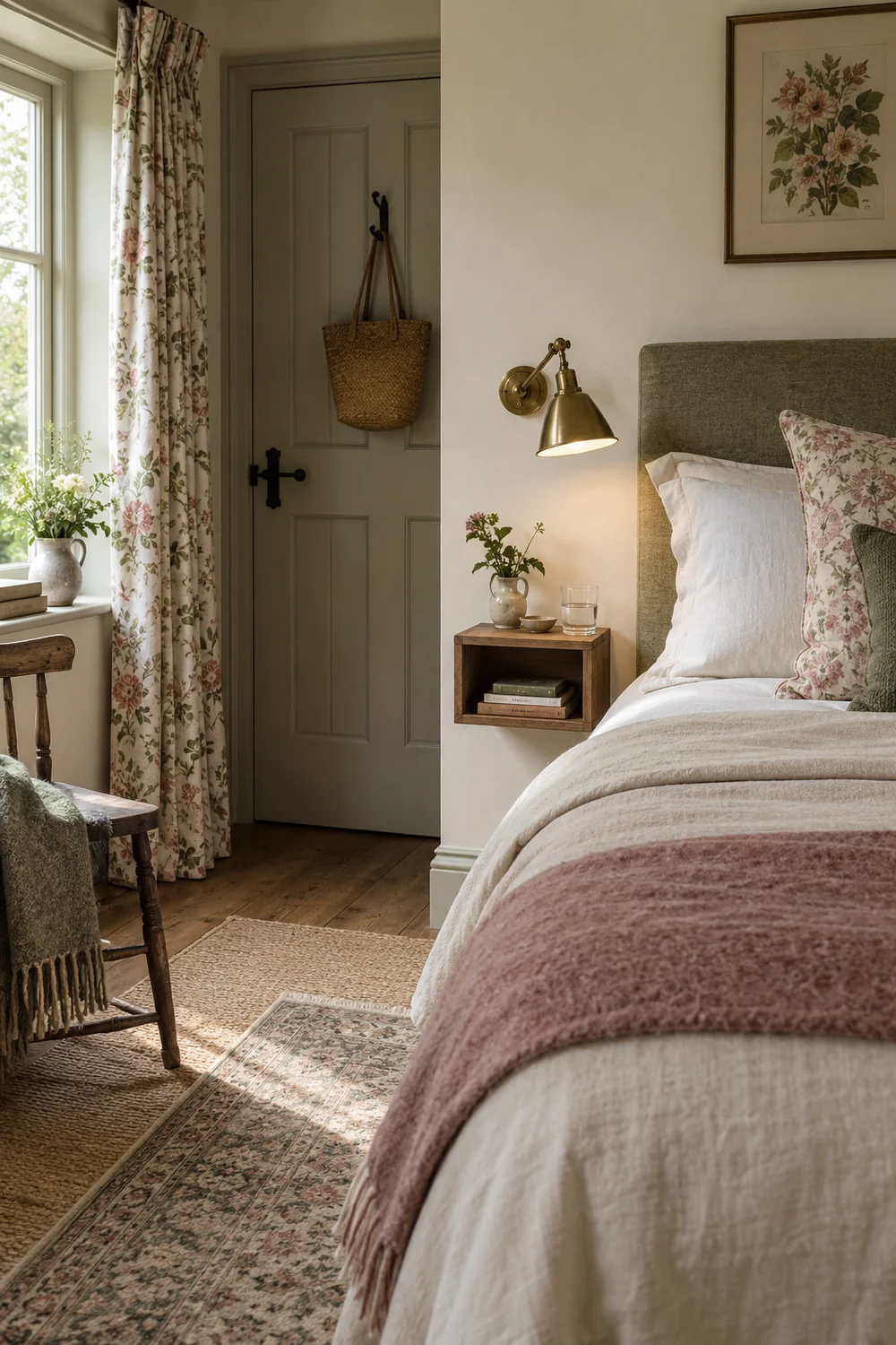 Bedside brass wall reading light mounted over a narrow open bedside shelf, daylight shows exact placement
