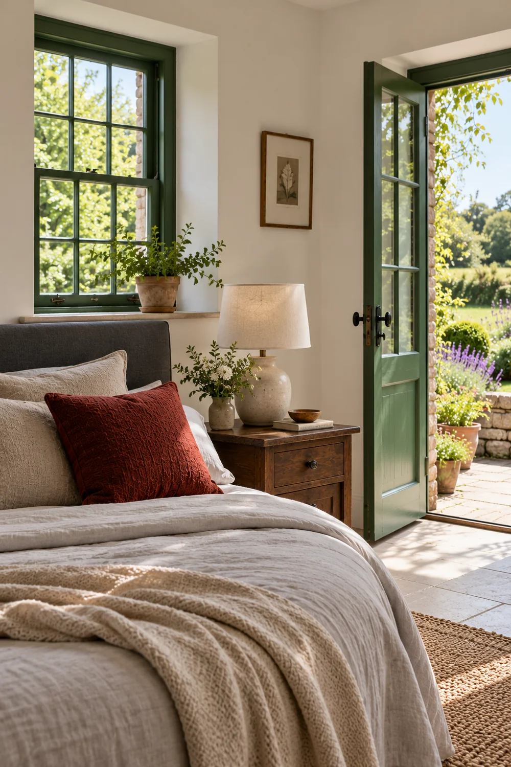 Bedside lamp and pine cabinet beside a cottage bed