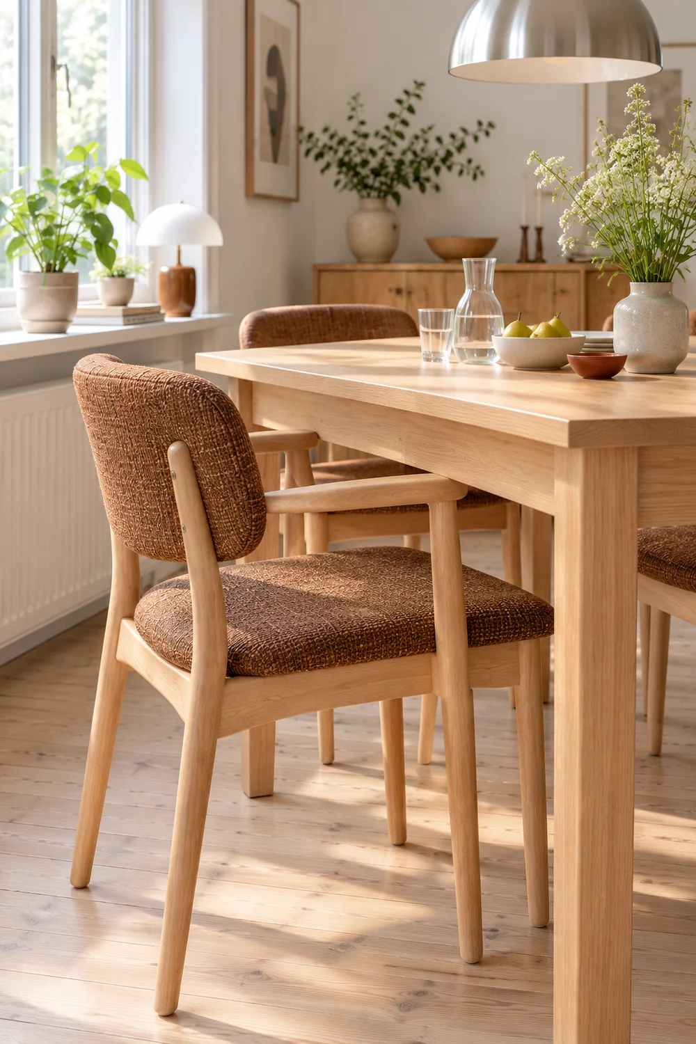 Beech dining armchair with tobacco upholstery and low arms beneath the table apron