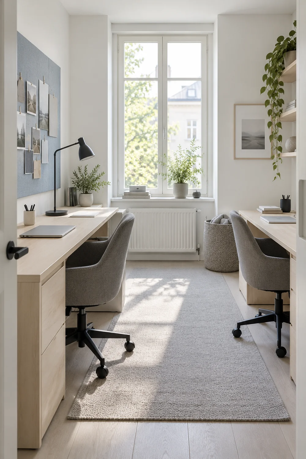 Birch desk and mist blue pinboard in a light Scandinavian office