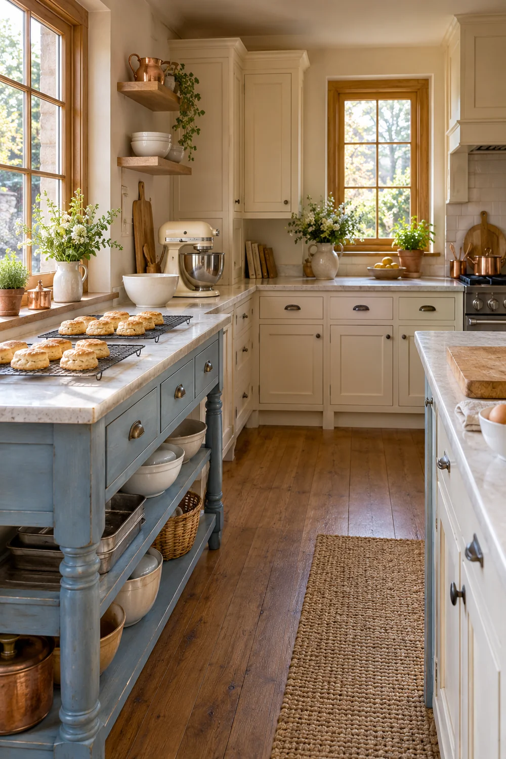 Biscuits cooling on racks beside a clear shaping board in a country kitchen
