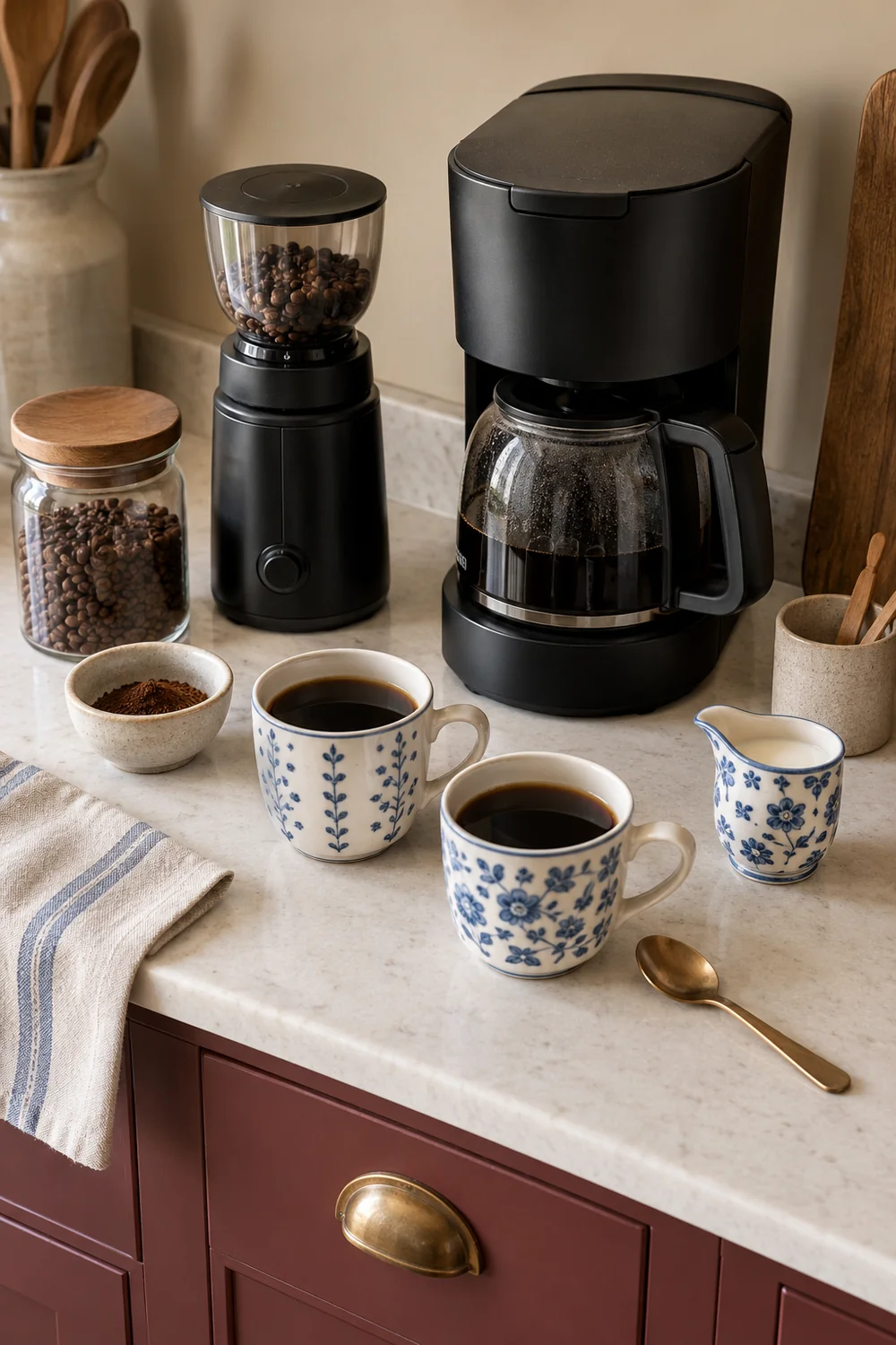 Black coffee brewer and grinder with two blue and white cups on a light worktop