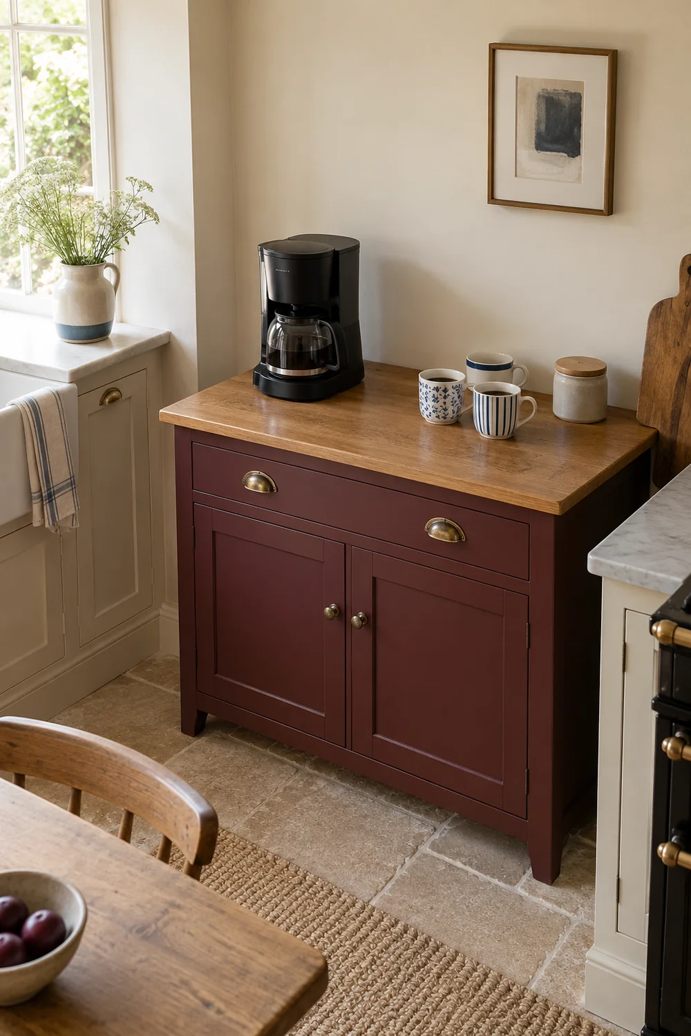 Black coffee brewer and three cups on an oak topped burgundy kitchen cabinet