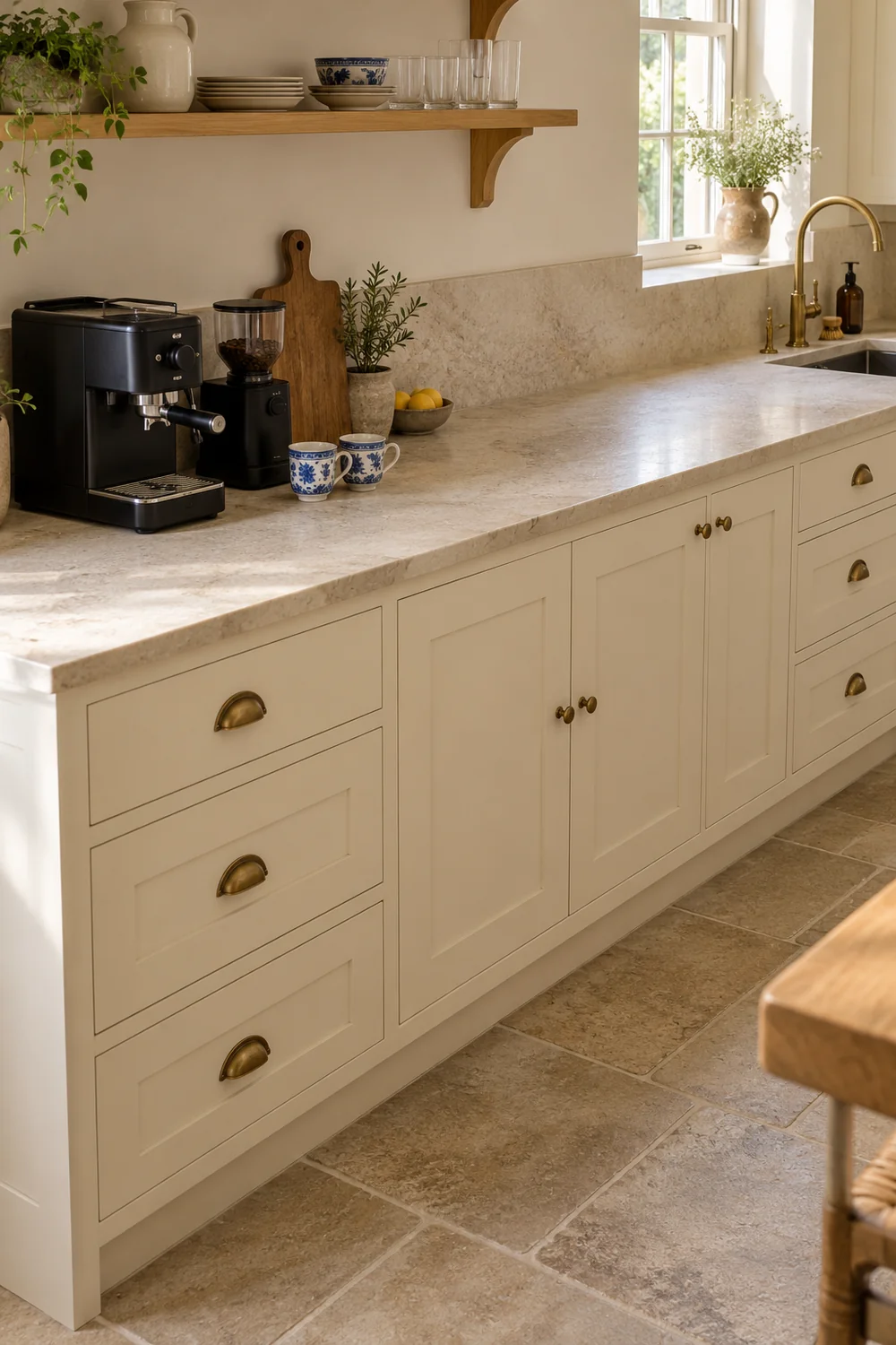 Black coffee equipment and two patterned cups at one end of a clear cream kitchen worktop