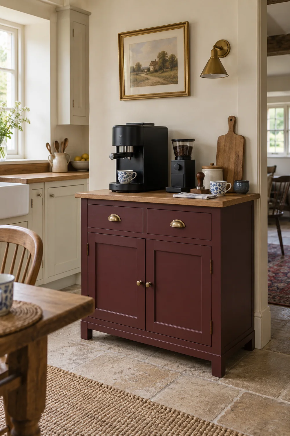 Black coffee machine and grinder on a burgundy cupboard with brass drawer handles