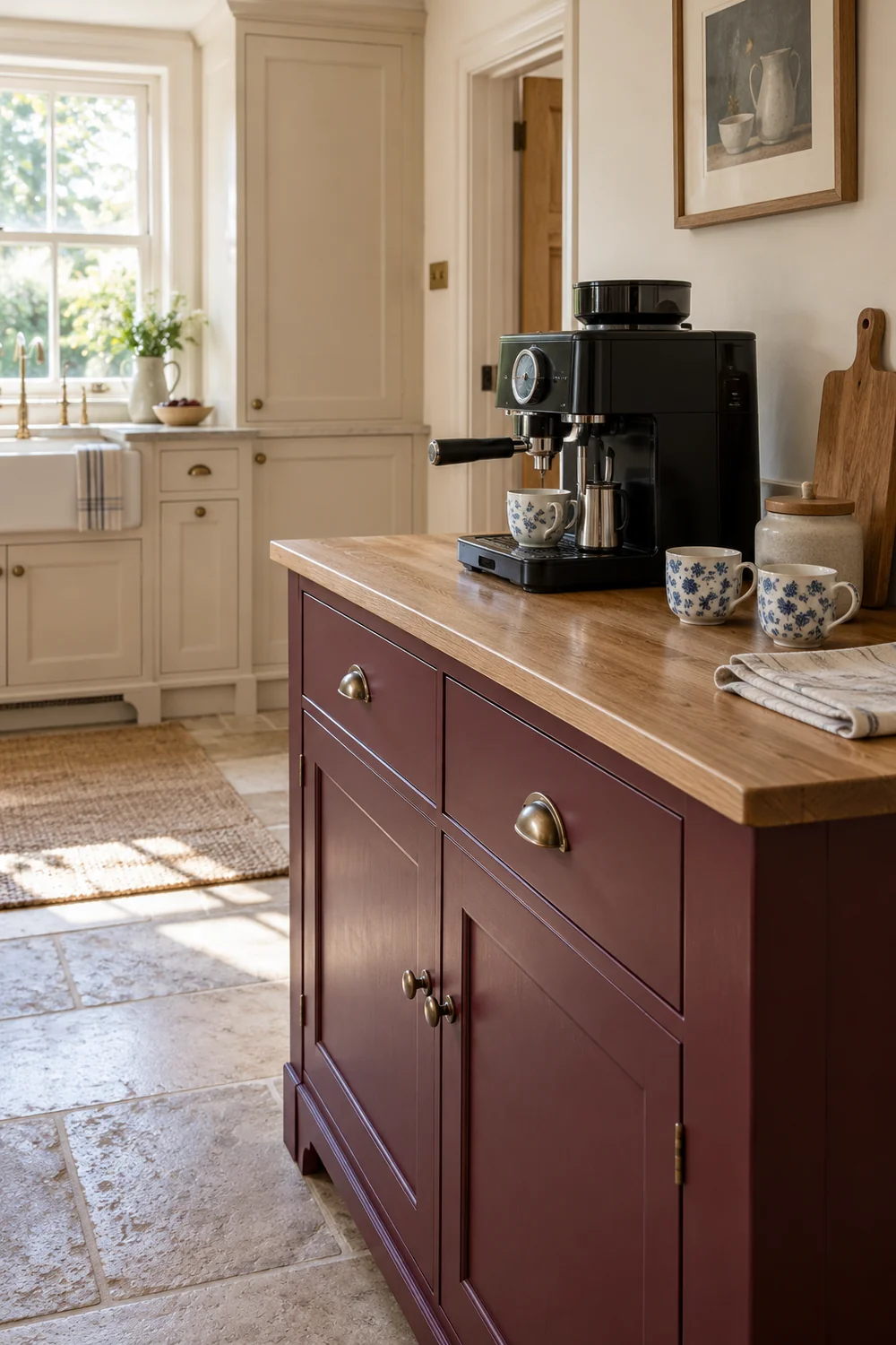 Black coffee machine and patterned cups beside the front edge of an oak cabinet top