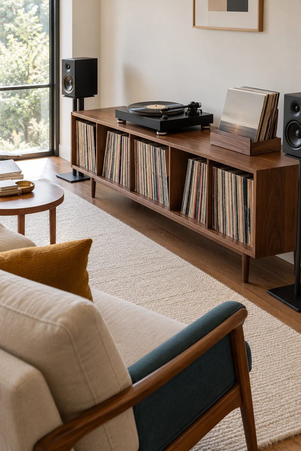 Black turntable beside a separate walnut rack of record sleeves