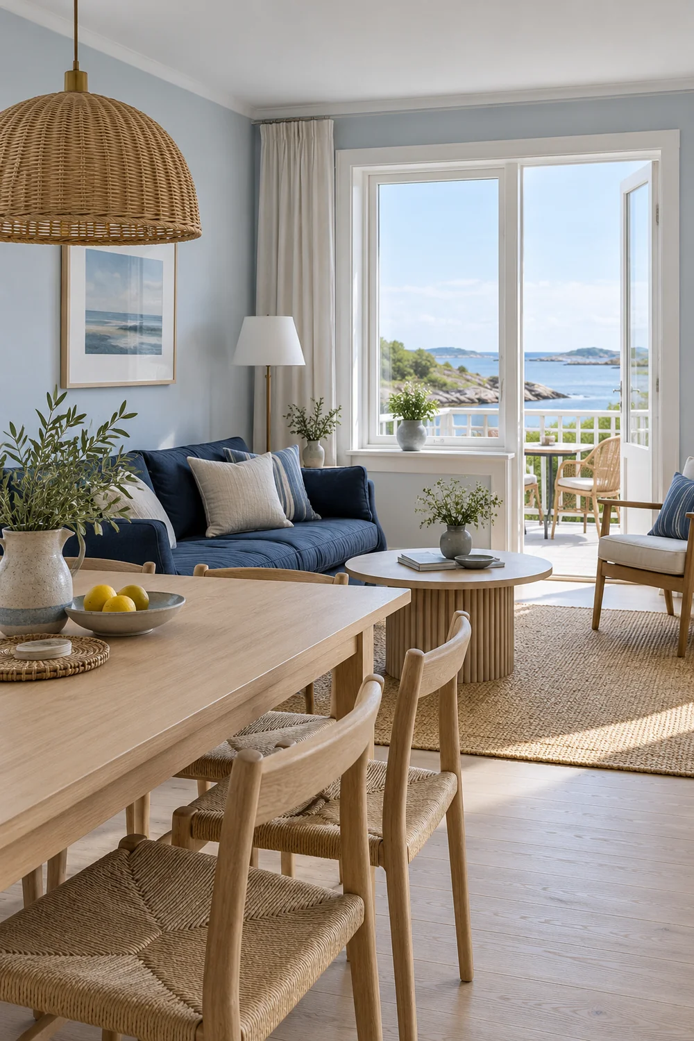 Blue and white living room with an ash dining table and balcony