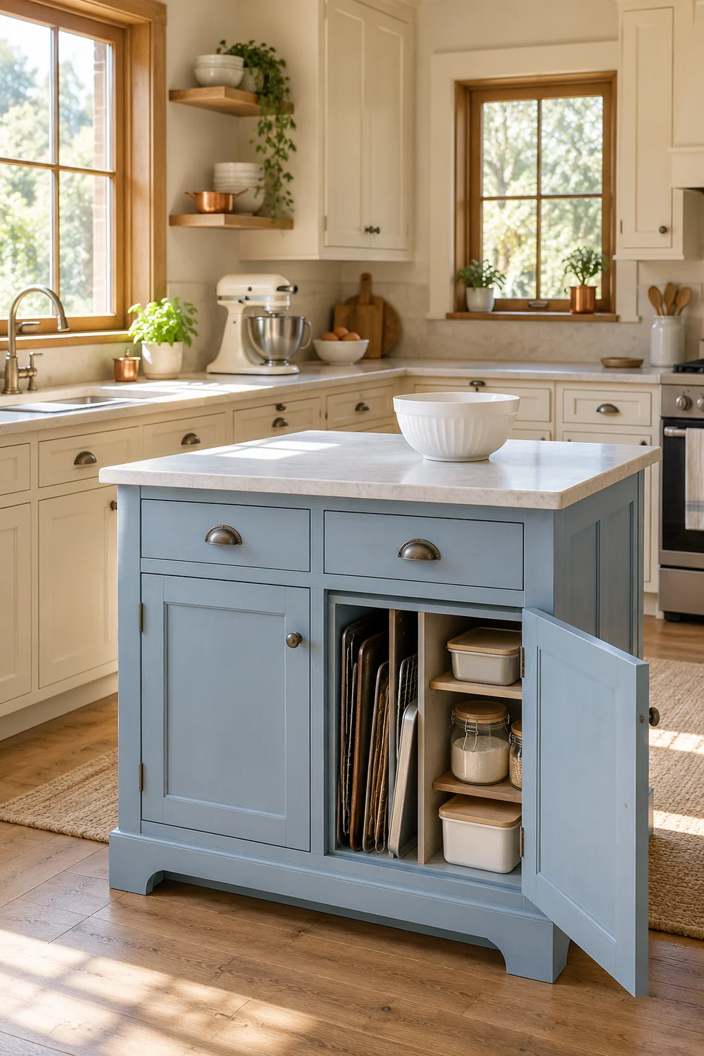 Blue baking cabinet with tray slots closed containers and a white bowl